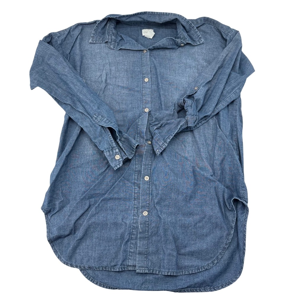 Chicos Blue Cotton Chambray Button Down Shirt Roll Tab Sleeve Size 0 Small